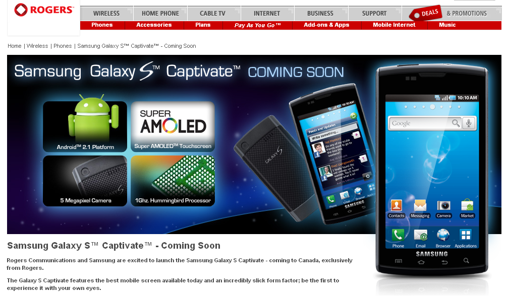 Rogers Announces Samsung Galaxy S Captivate â€œComing Soonâ€