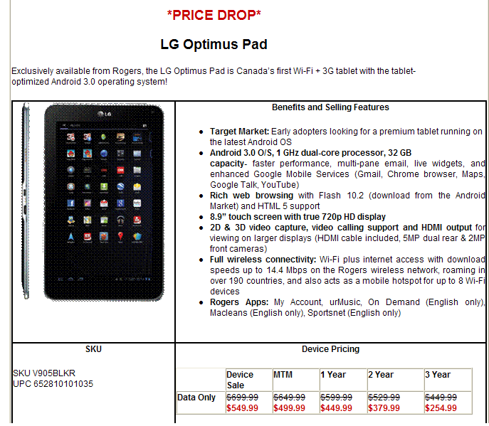 Rogers Drops LG OptimusPad Price